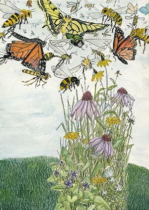Illustration of bees and flowers.