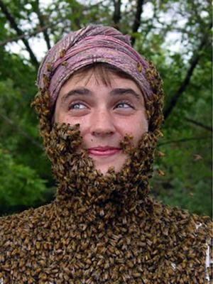 Smiling person with a beard of bees.
